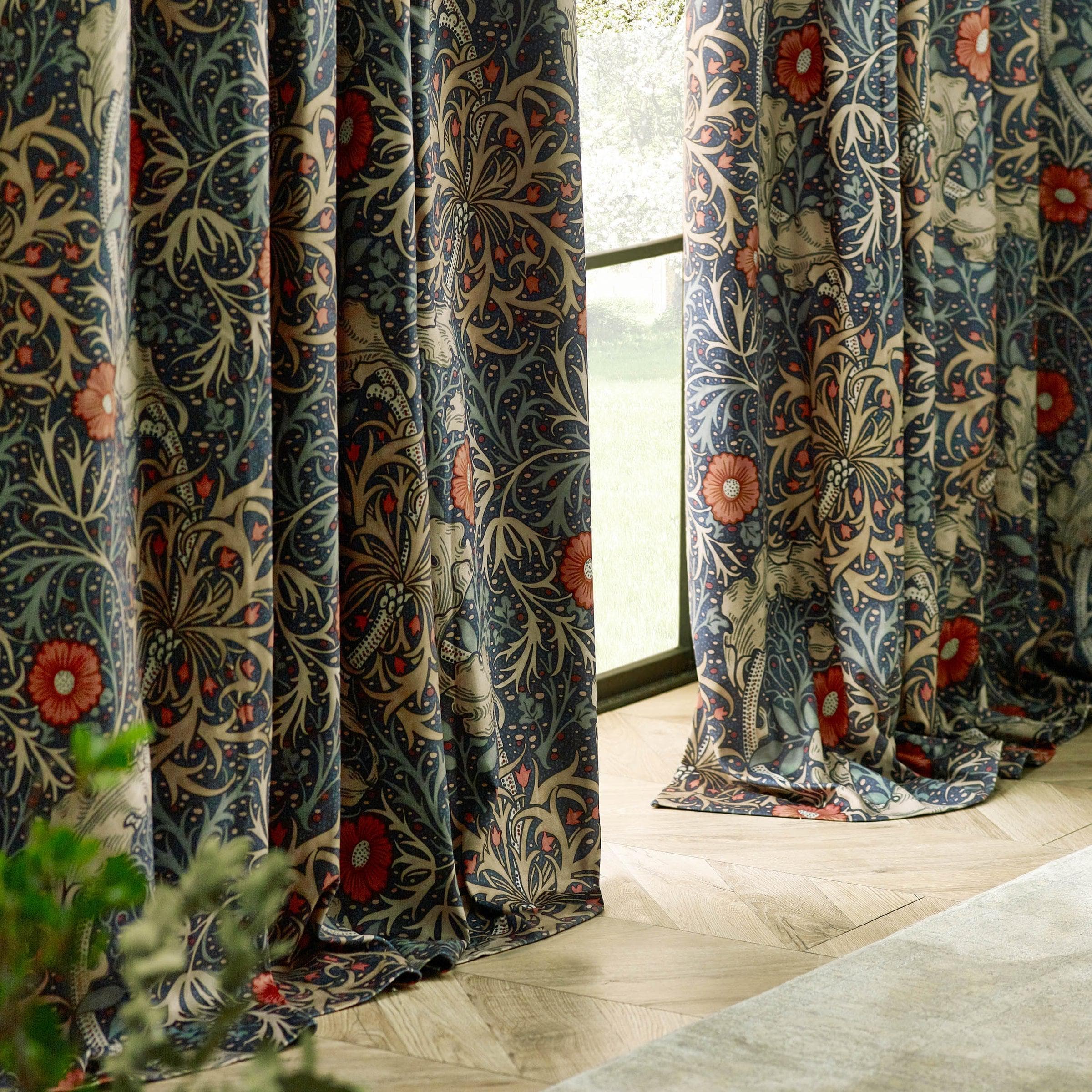 Morris & Co (Riva Home) Morris & Co Curtains Morris & Co Seaweed Printed Velvet Pencil Pleat Curtains in Indigo