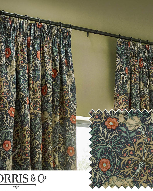 Morris & Co Seaweed Printed Velvet Pencil Pleat Curtains in Indigo