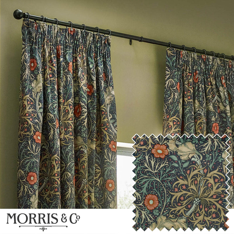 Morris & Co Seaweed Printed Velvet Pencil Pleat Curtains in Indigo