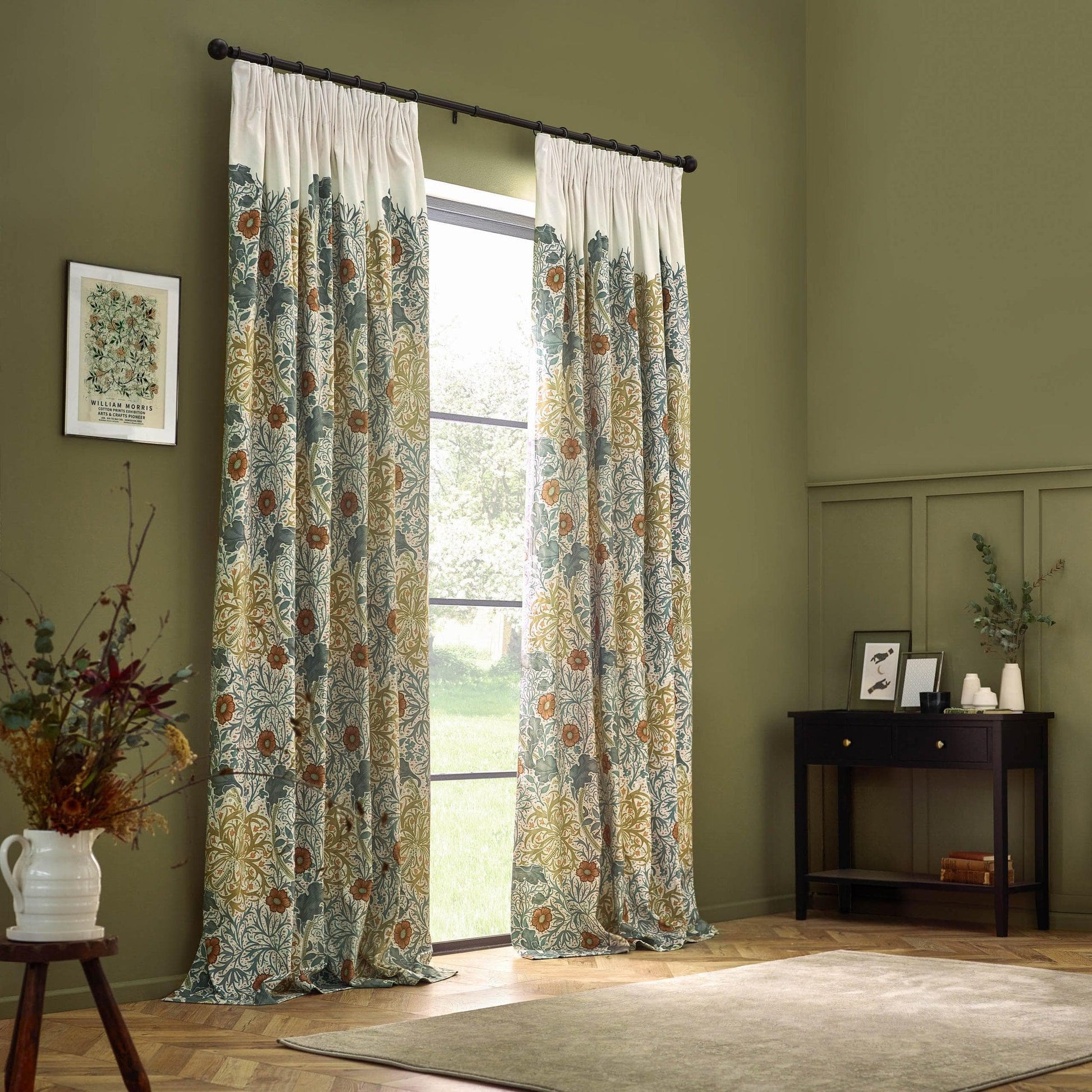 Morris & Co (Riva Home) Morris & Co Curtains Morris & Co Seaweed Printed Velvet Pencil Pleat Curtains in Stone/Sunflower