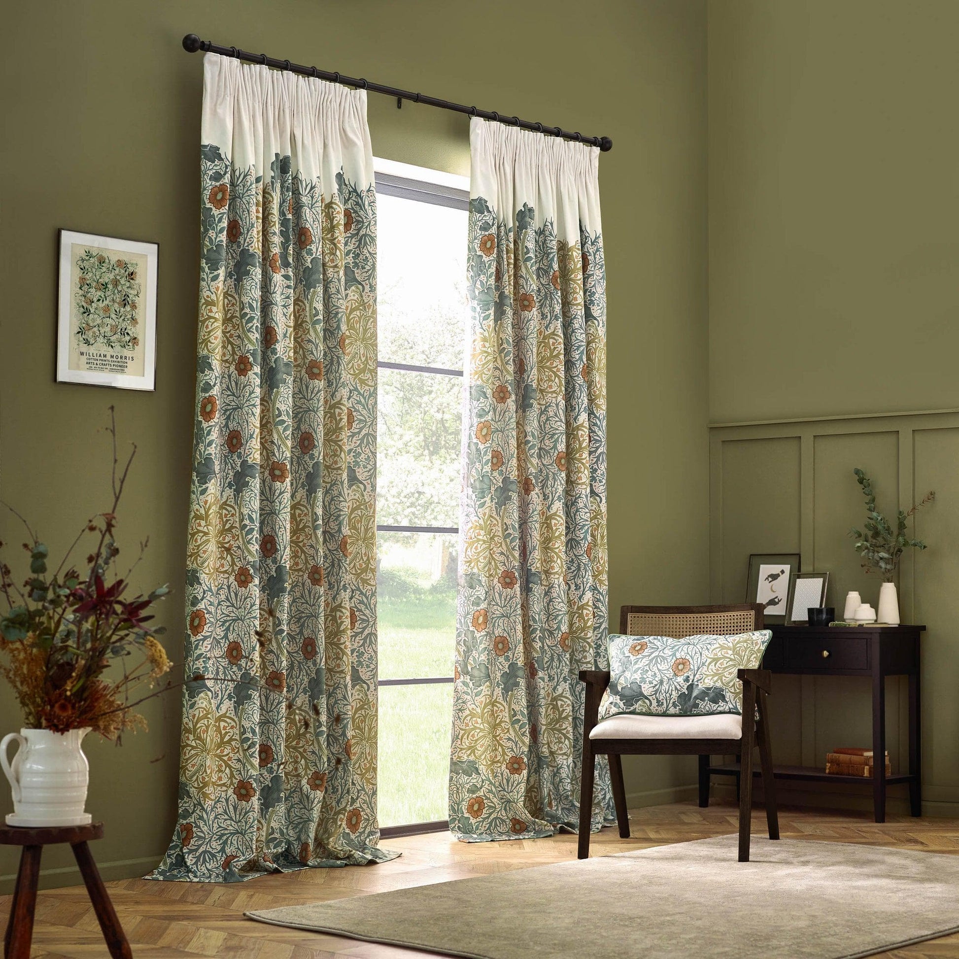 Morris & Co (Riva Home) Morris & Co Curtains Morris & Co Seaweed Printed Velvet Pencil Pleat Curtains in Stone/Sunflower