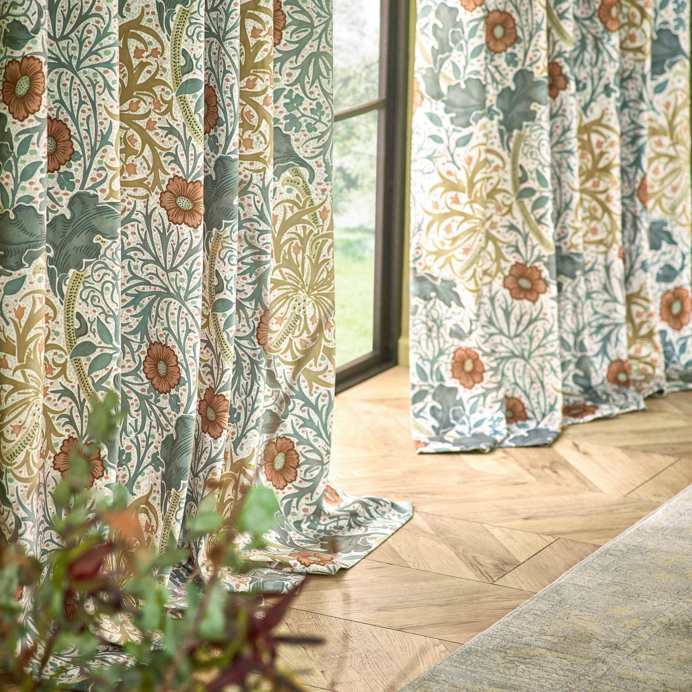 Morris & Co (Riva Home) Morris & Co Curtains Morris & Co Seaweed Printed Velvet Pencil Pleat Curtains in Stone/Sunflower