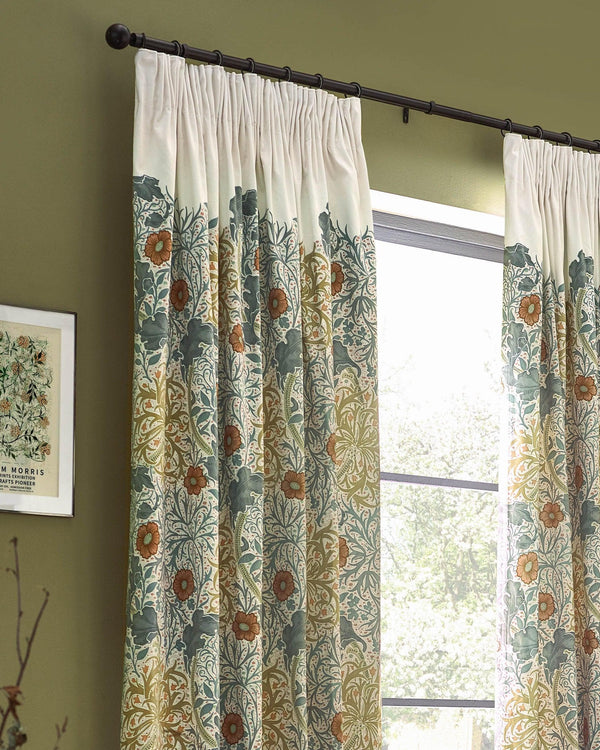Morris & Co Seaweed Printed Velvet Pencil Pleat Curtains in Stone/Sunflower