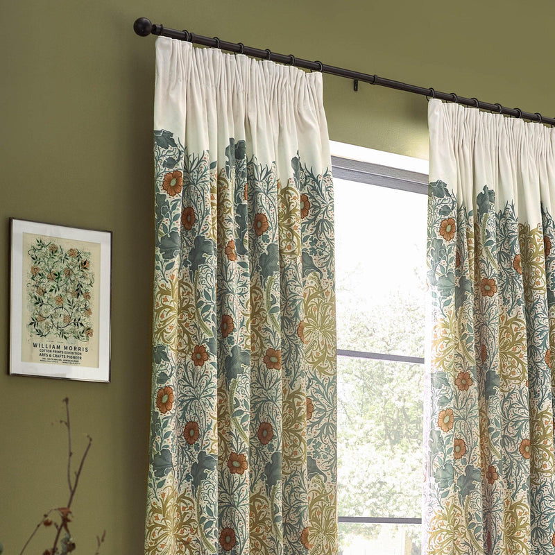 Morris & Co Seaweed Printed Velvet Pencil Pleat Curtains in Stone/Sunflower