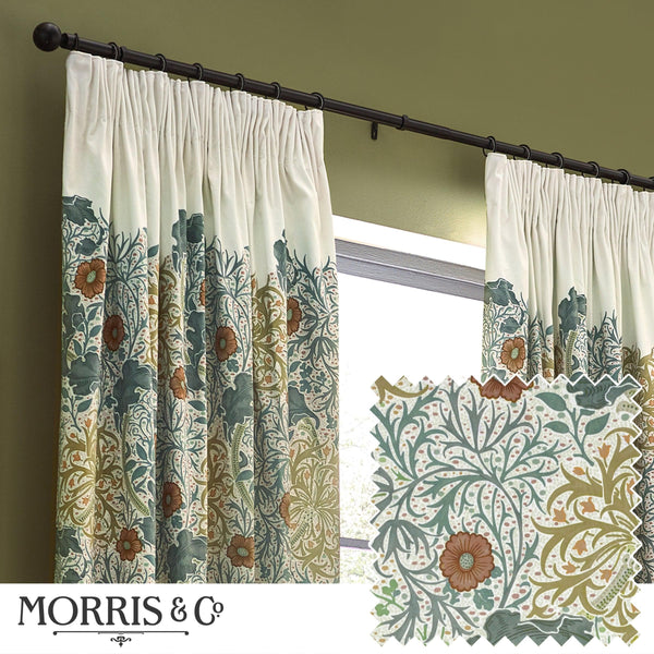 Morris & Co Seaweed Printed Velvet Pencil Pleat Curtains in Stone/Sunflower
