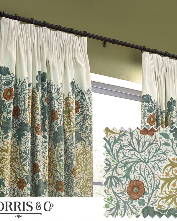 Morris & Co Seaweed Printed Velvet Pencil Pleat Curtains in Stone/Sunflower