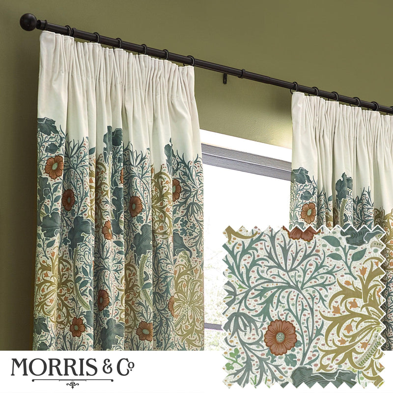 Morris & Co Seaweed Printed Velvet Pencil Pleat Curtains in Stone/Sunflower