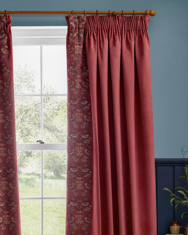 Morris & Co Strawberry Thief Embroidered Floral Pencil Pleat Curtains in Berry