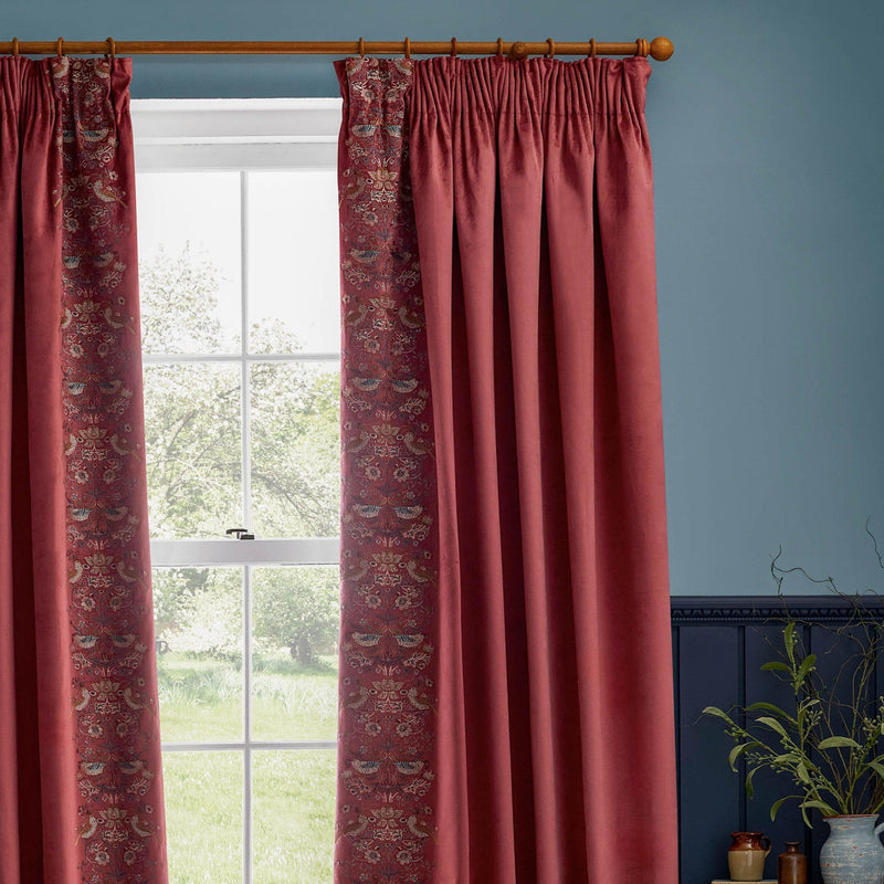 STRAWBERRY THIEF EMBROIDERED PENCIL PLEAT CURTAINS IN BERRY by Morris & Co