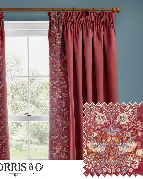 Morris & Co Strawberry Thief Embroidered Floral Pencil Pleat Curtains in Berry