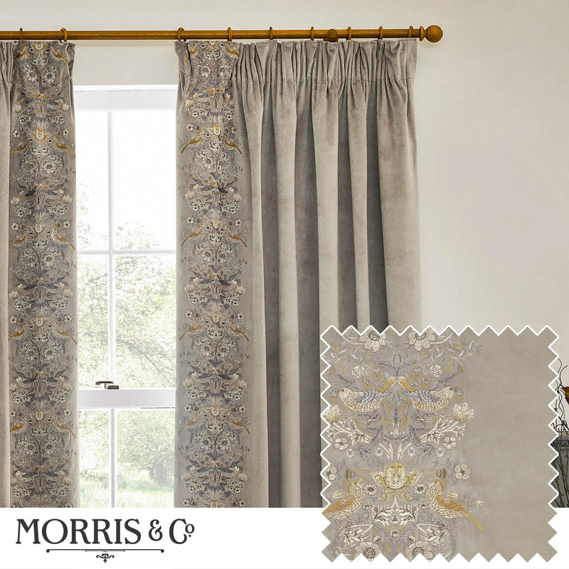Morris & Co Strawberry Thief Embroidered Floral Pencil Pleat Curtains in Biscuit