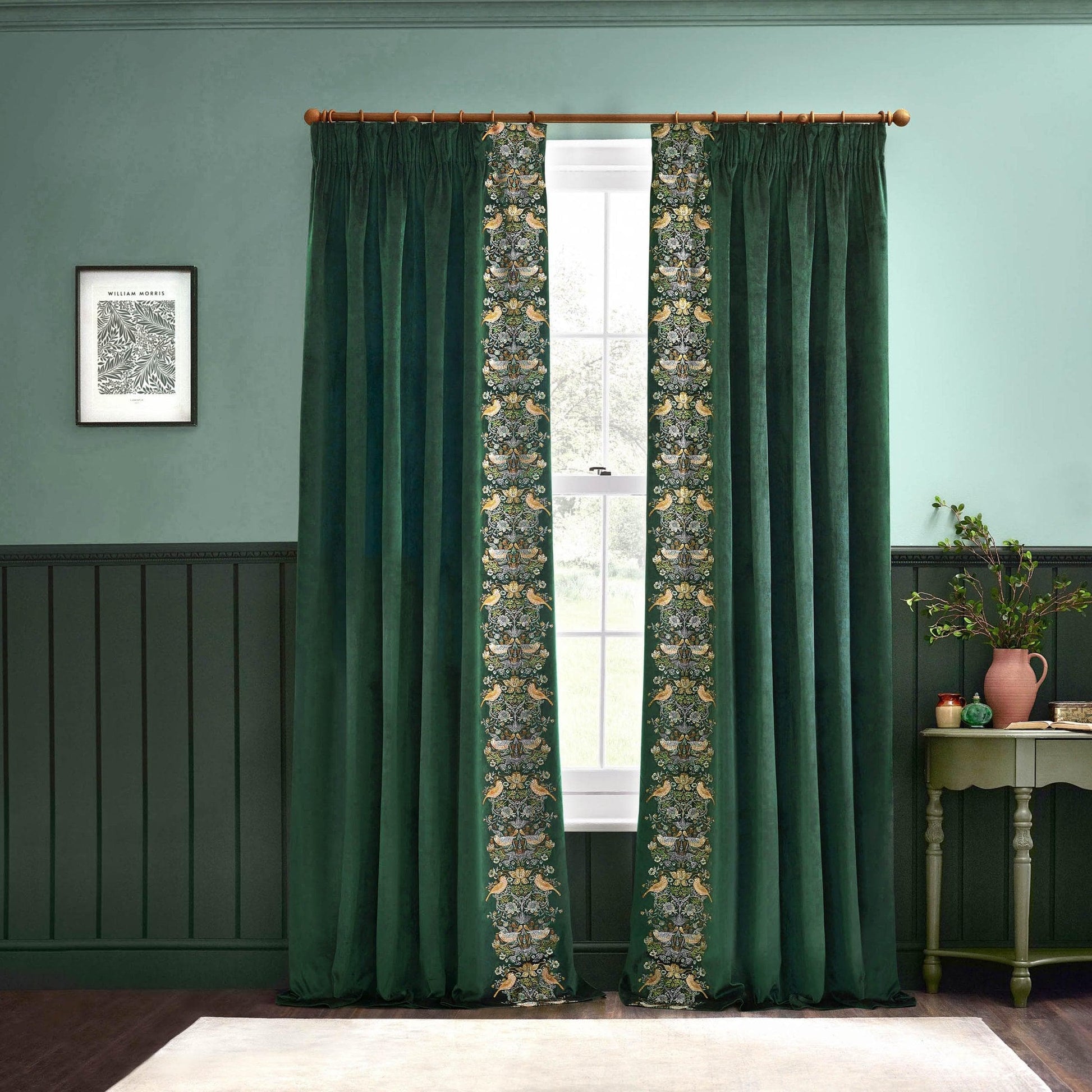 Morris & Co (Riva Home) Morris & Co Curtains Morris & Co Strawberry Thief Embroidered Floral Pencil Pleat Curtains in Forest Green