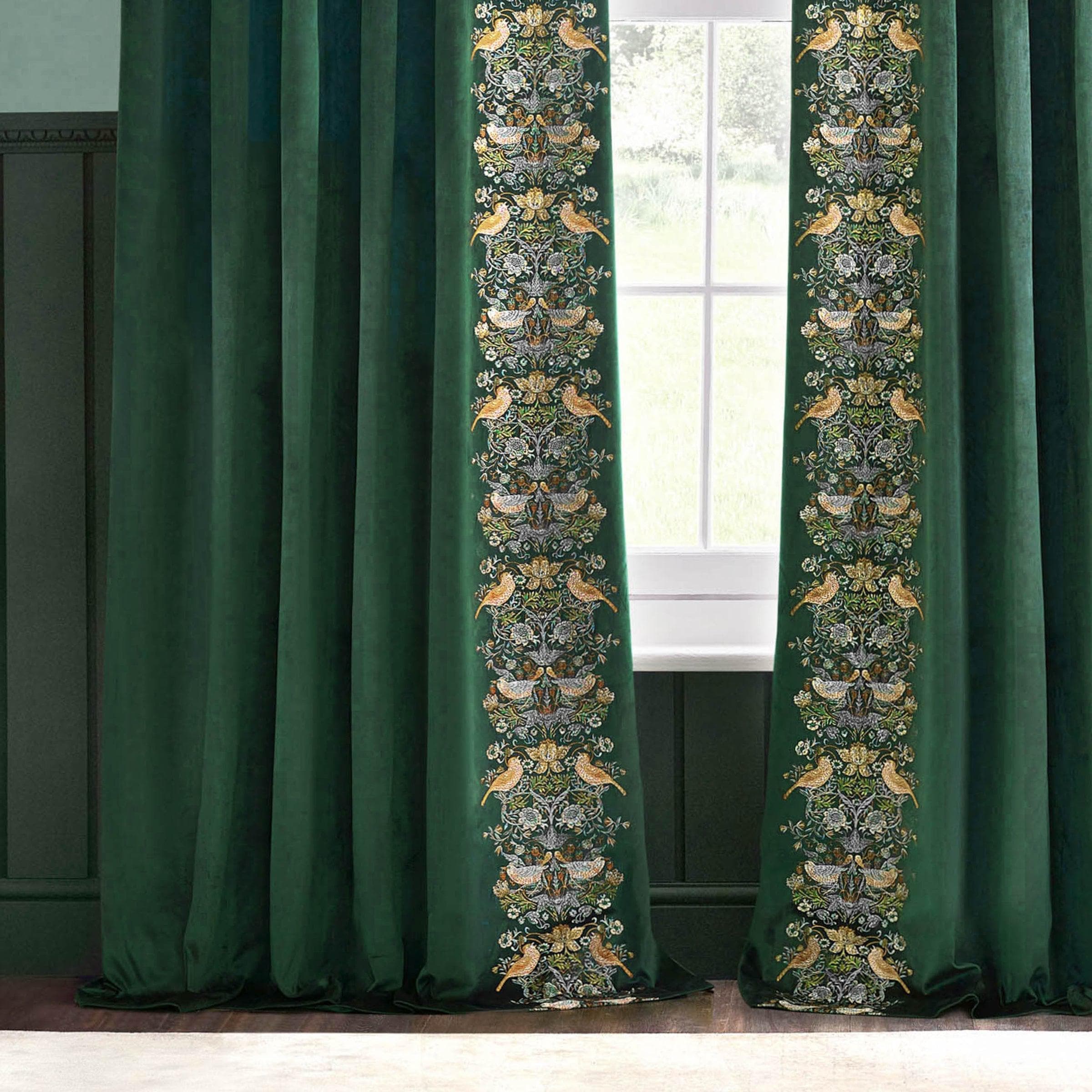 Morris & Co (Riva Home) Morris & Co Curtains Morris & Co Strawberry Thief Embroidered Floral Pencil Pleat Curtains in Forest Green