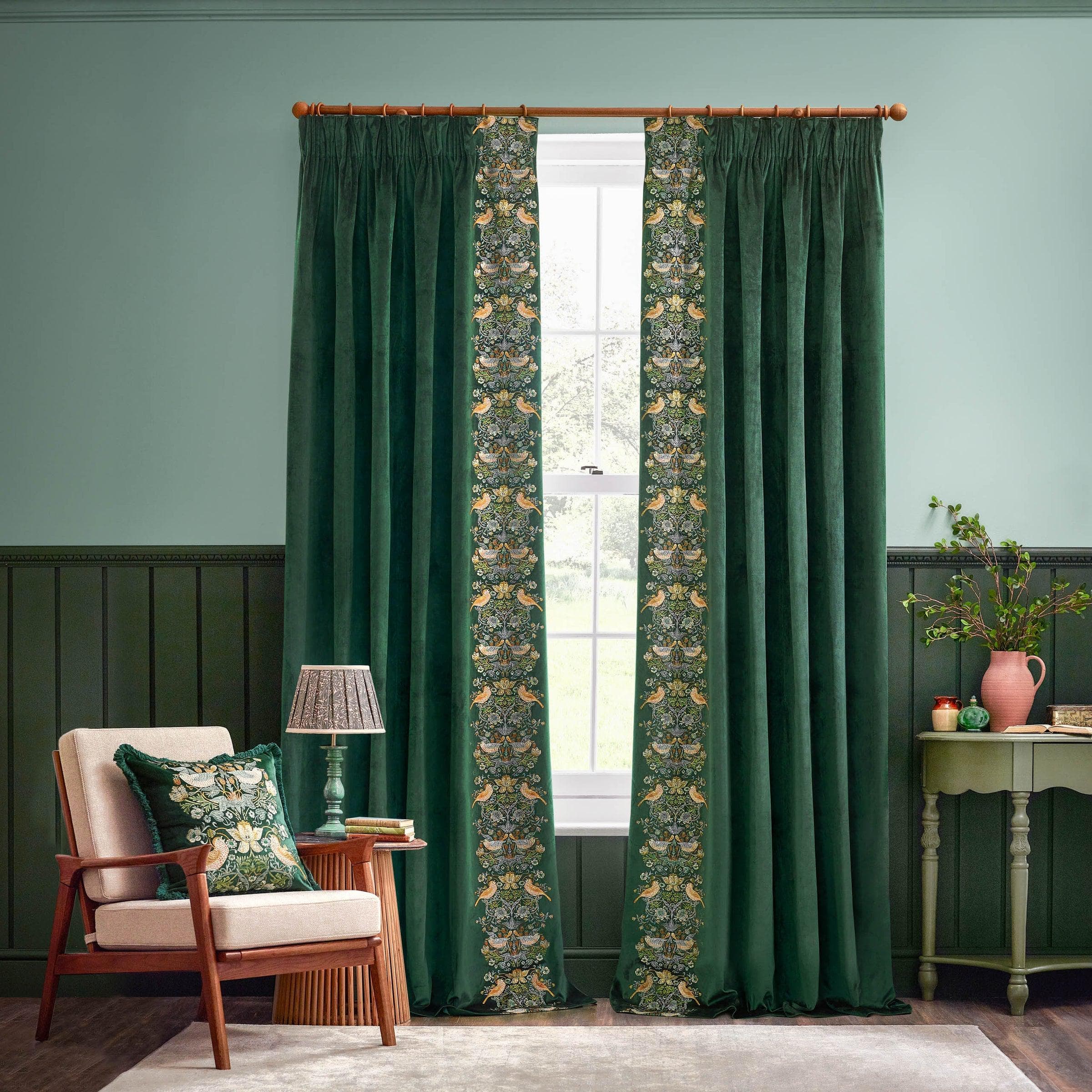 Morris & Co (Riva Home) Morris & Co Curtains Morris & Co Strawberry Thief Embroidered Floral Pencil Pleat Curtains in Forest Green