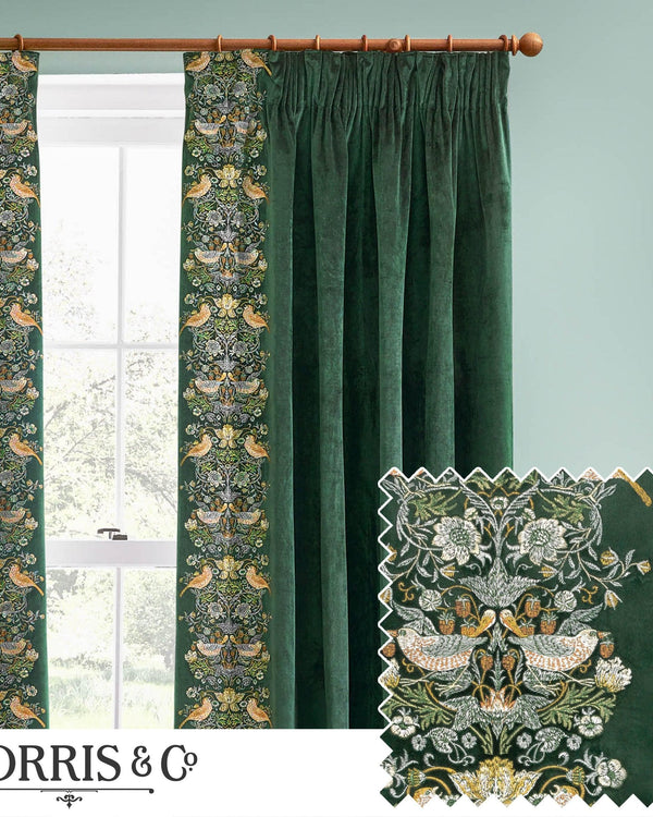 Morris & Co Strawberry Thief Embroidered Floral Pencil Pleat Curtains in Forest Green