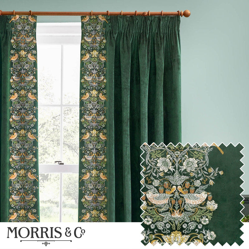 Morris & Co Strawberry Thief Embroidered Floral Pencil Pleat Curtains in Forest Green