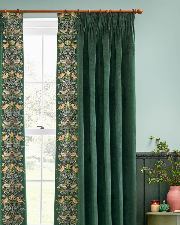 Morris & Co Strawberry Thief Embroidered Floral Pencil Pleat Curtains in Forest Green