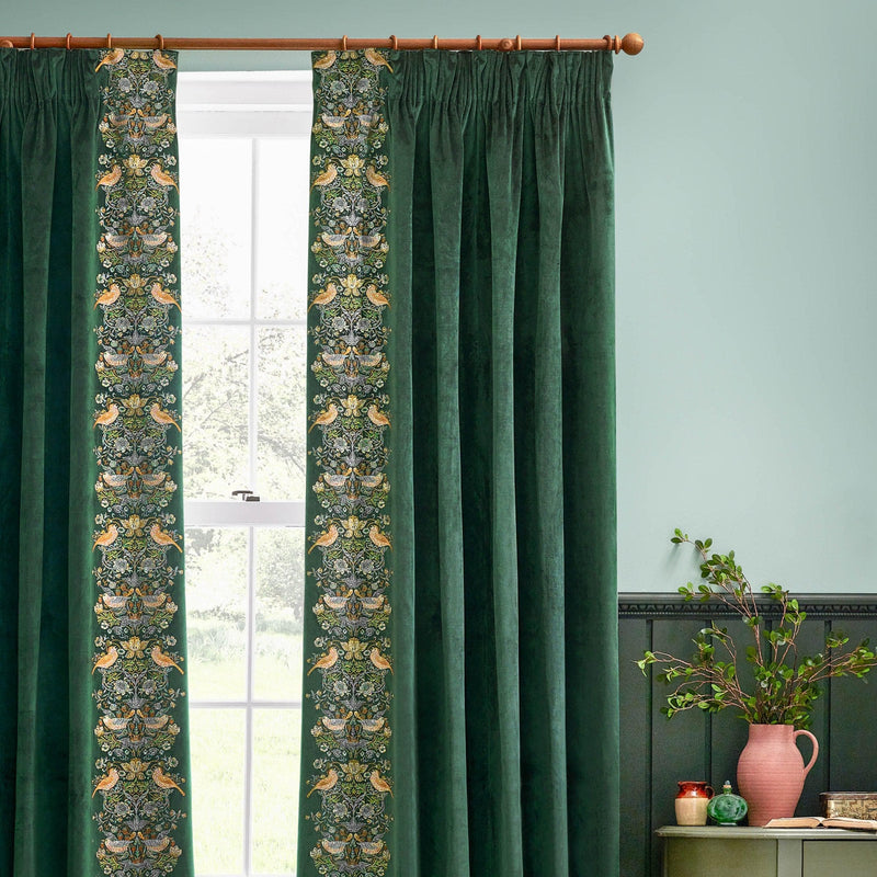 Morris & Co Strawberry Thief Embroidered Floral Pencil Pleat Curtains in Forest Green