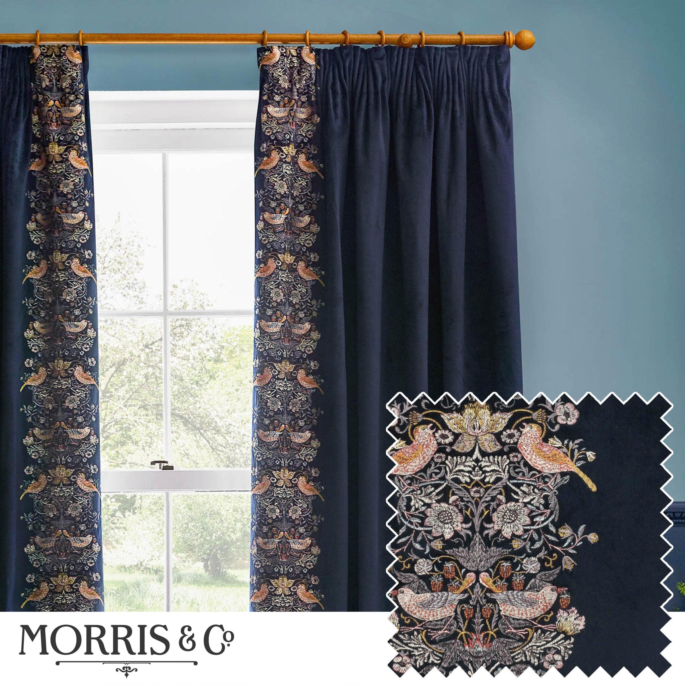 Morris & Co (Riva Home) Morris & Co Curtains Morris & Co Strawberry Thief Embroidered Floral Pencil Pleat Curtains in Indigo