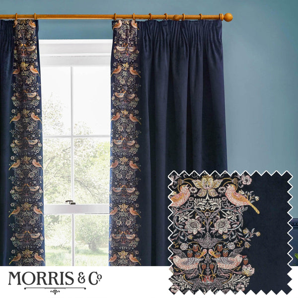 Morris & Co Strawberry Thief Embroidered Floral Pencil Pleat Curtains in Indigo