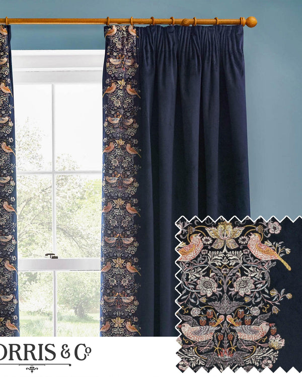 Morris & Co Strawberry Thief Embroidered Floral Pencil Pleat Curtains in Indigo