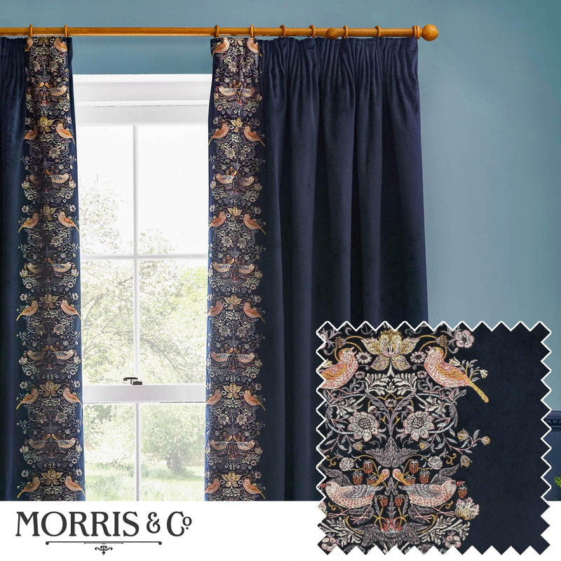Morris & Co Strawberry Thief Embroidered Floral Pencil Pleat Curtains in Indigo
