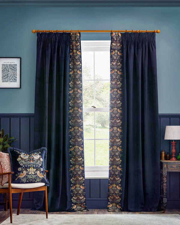 Morris & Co Strawberry Thief Embroidered Floral Pencil Pleat Curtains in Indigo