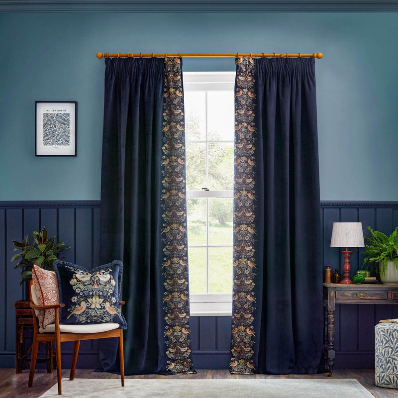 Morris & Co Strawberry Thief Embroidered Floral Pencil Pleat Curtains in Indigo