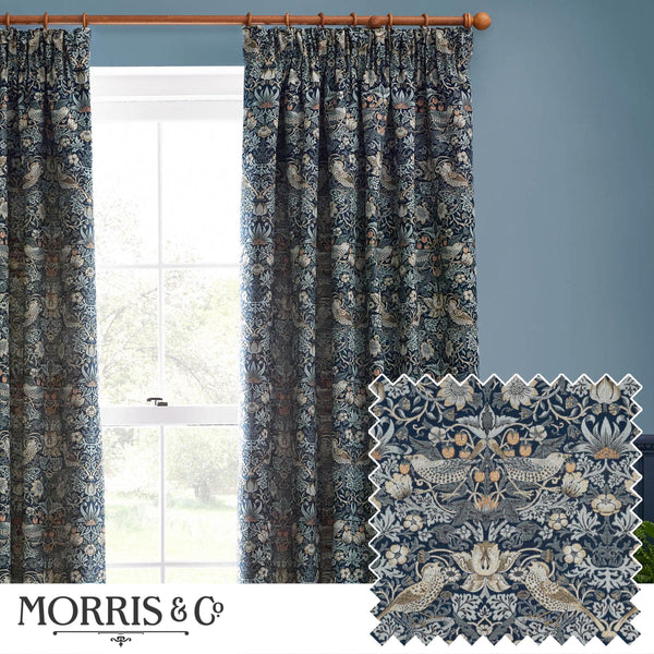 Morris & Co Strawberry Thief Jacquard Floral Pencil Pleat Curtains / Indigo