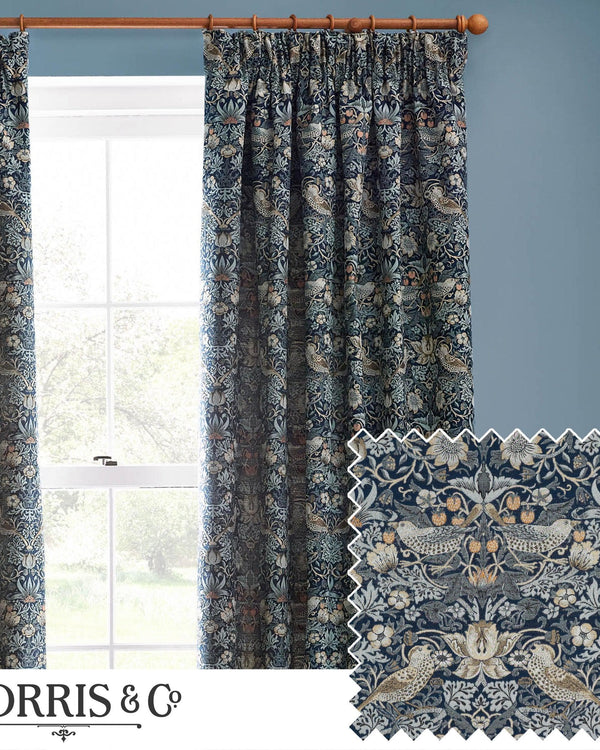 Morris & Co Strawberry Thief Jacquard Floral Pencil Pleat Curtains / Indigo