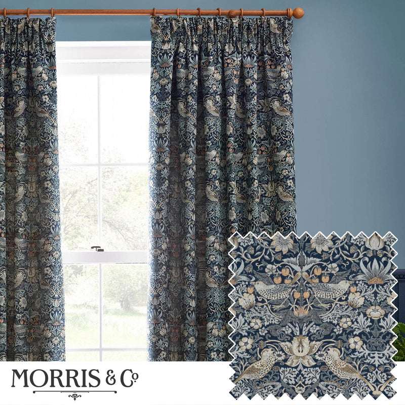 Morris & Co Strawberry Thief Jacquard Floral Pencil Pleat Curtains / Indigo