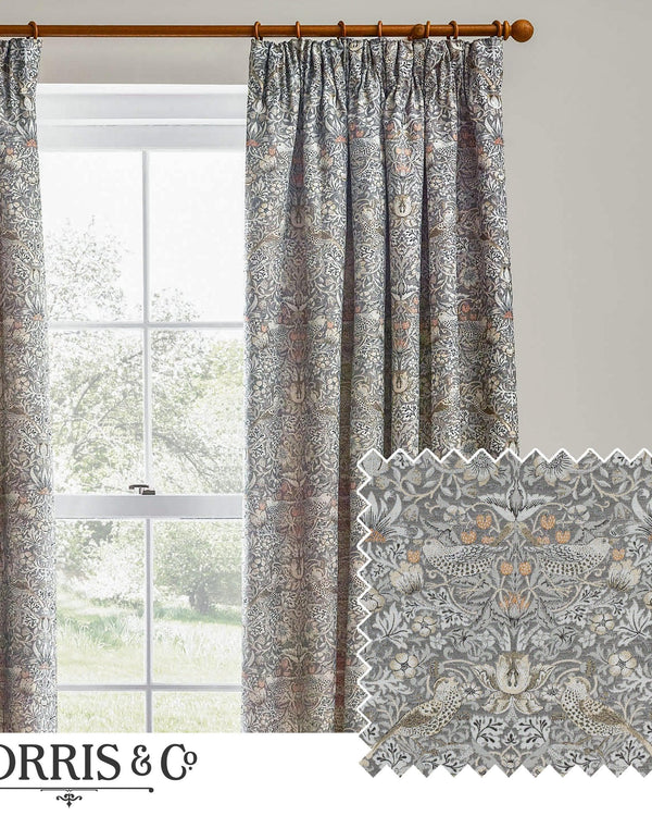 Morris & Co Strawberry Thief Jacquard Floral Pencil Pleat Curtains / Biscuit