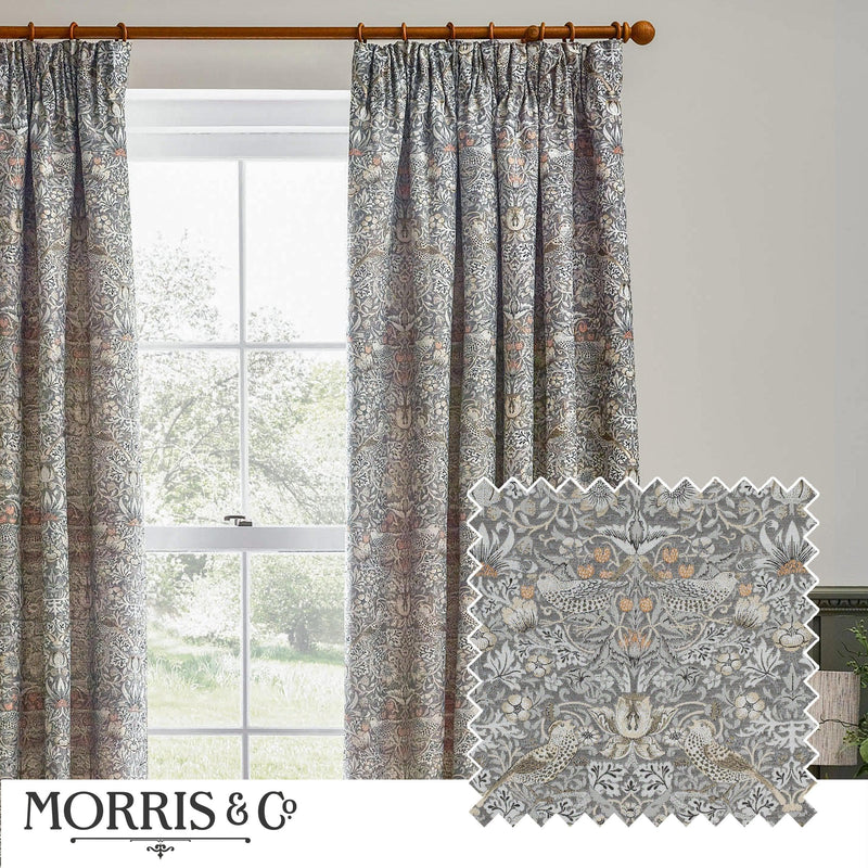 Morris & Co Strawberry Thief Jacquard Floral Pencil Pleat Curtains / Biscuit