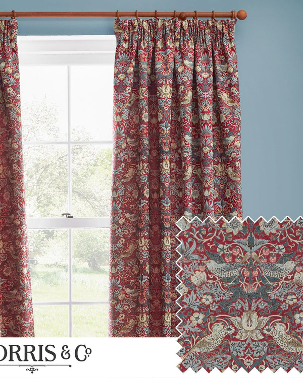 Morris & Co Strawberry Thief Jacquard Floral Pencil Pleat Curtains / Berry