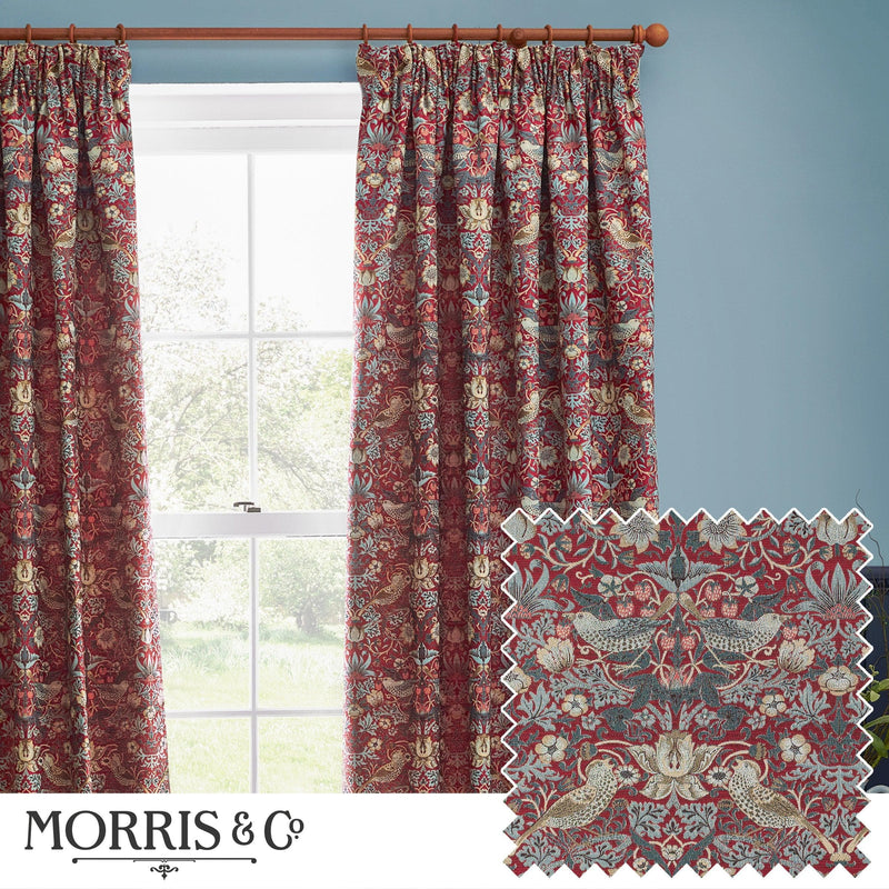 Morris & Co Strawberry Thief Jacquard Floral Pencil Pleat Curtains / Berry