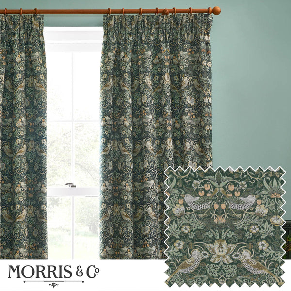 Morris & Co Strawberry Thief Jacquard Floral Pencil Pleat Curtains / Forest