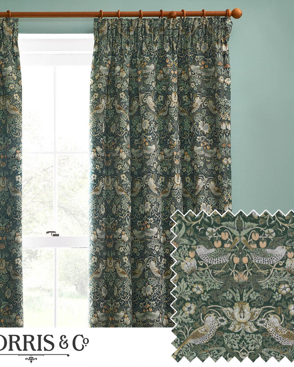Morris & Co Strawberry Thief Jacquard Floral Pencil Pleat Curtains / Forest