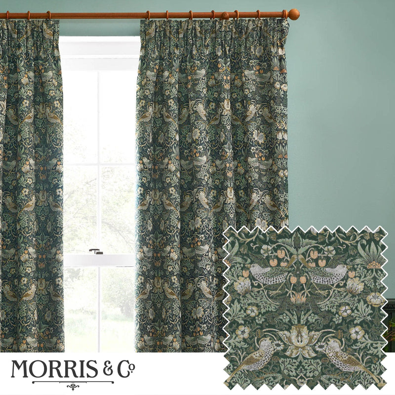 Morris & Co Strawberry Thief Jacquard Floral Pencil Pleat Curtains / Forest