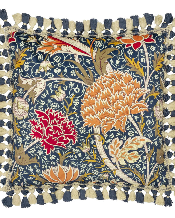 Morris & Co Cray Tasselled Velvet Cushion in Indigo/Berry