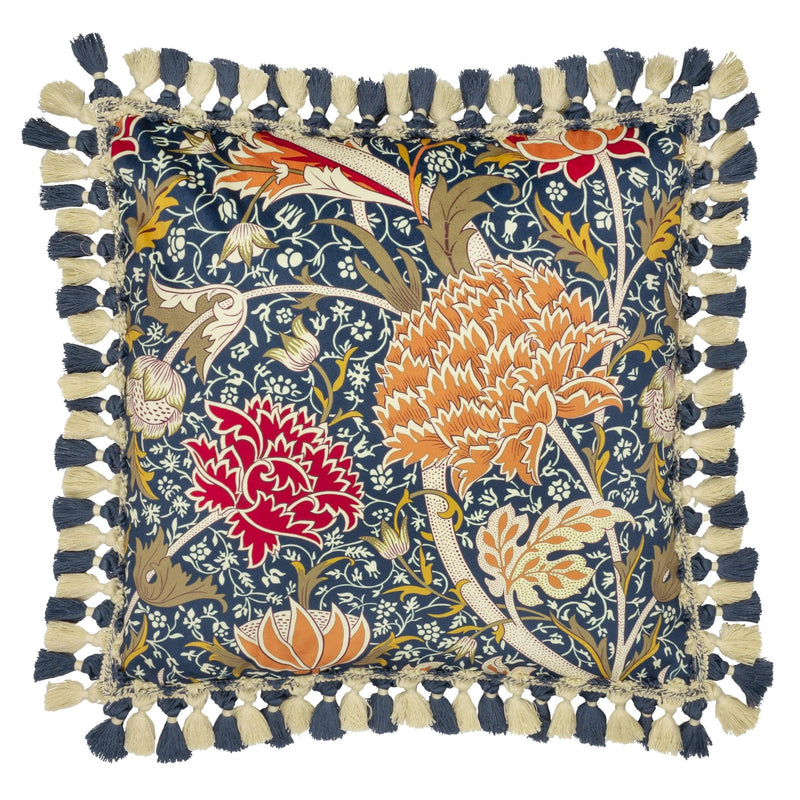 Morris & Co Cray Tasselled Velvet Cushion in Indigo/Berry