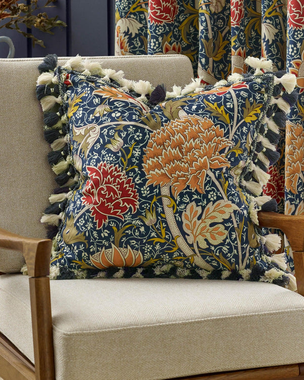 Morris & Co Cray Tasselled Velvet Cushion in Indigo/Berry