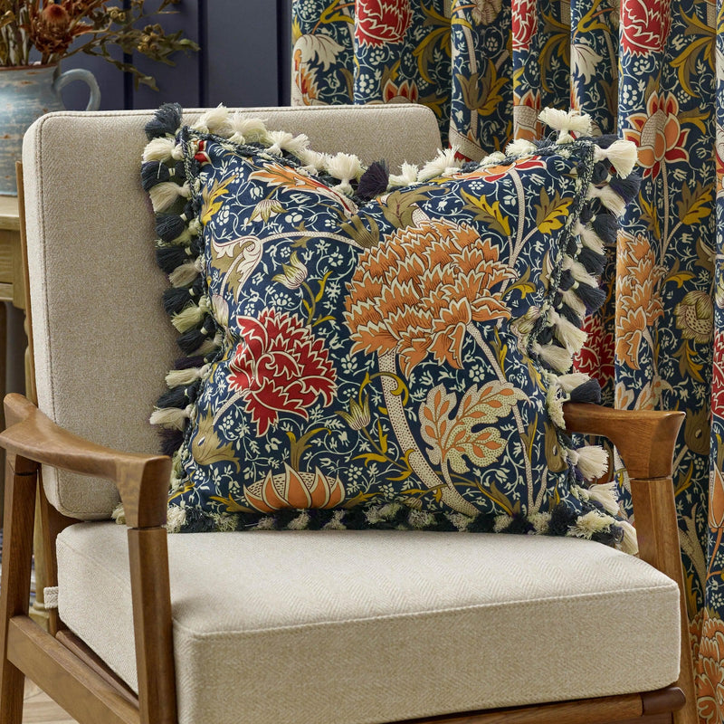 Morris & Co Cray Tasselled Velvet Cushion in Indigo/Berry