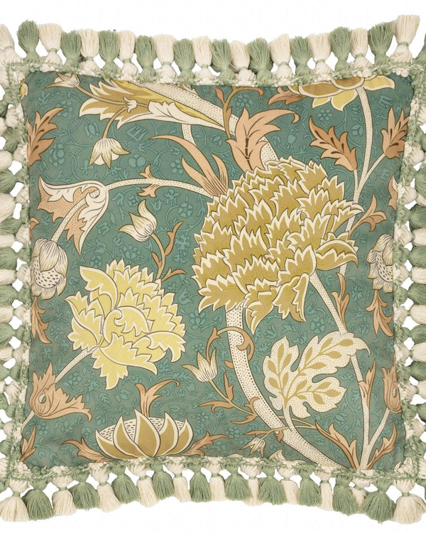 Morris & Co Cray Tasselled Velvet Cushion in Sage/Sunflower