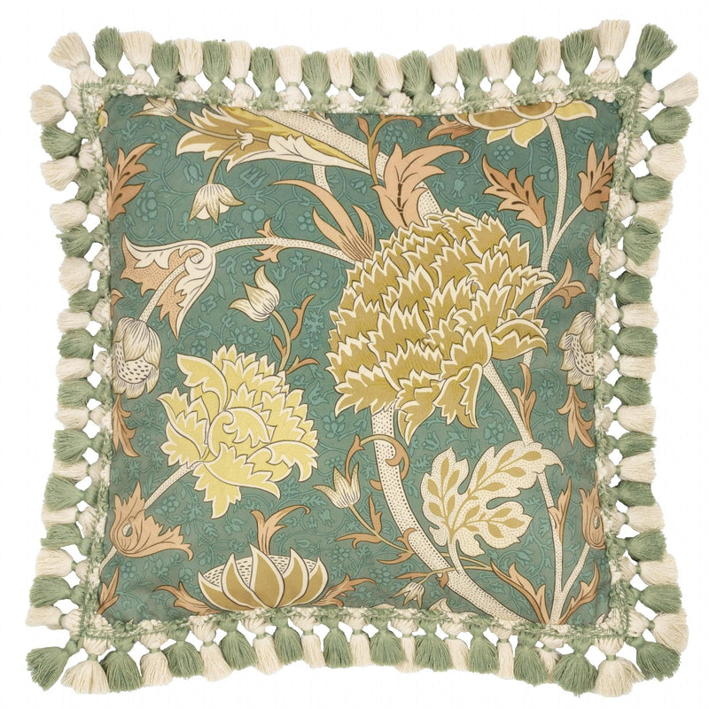 Morris & Co Cray Tasselled Velvet Cushion in Sage/Sunflower