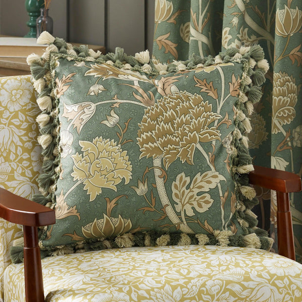 Morris & Co Cray Tasselled Velvet Cushion in Sage/Sunflower