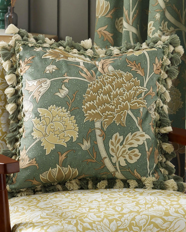 Morris & Co Cray Tasselled Velvet Cushion in Sage/Sunflower