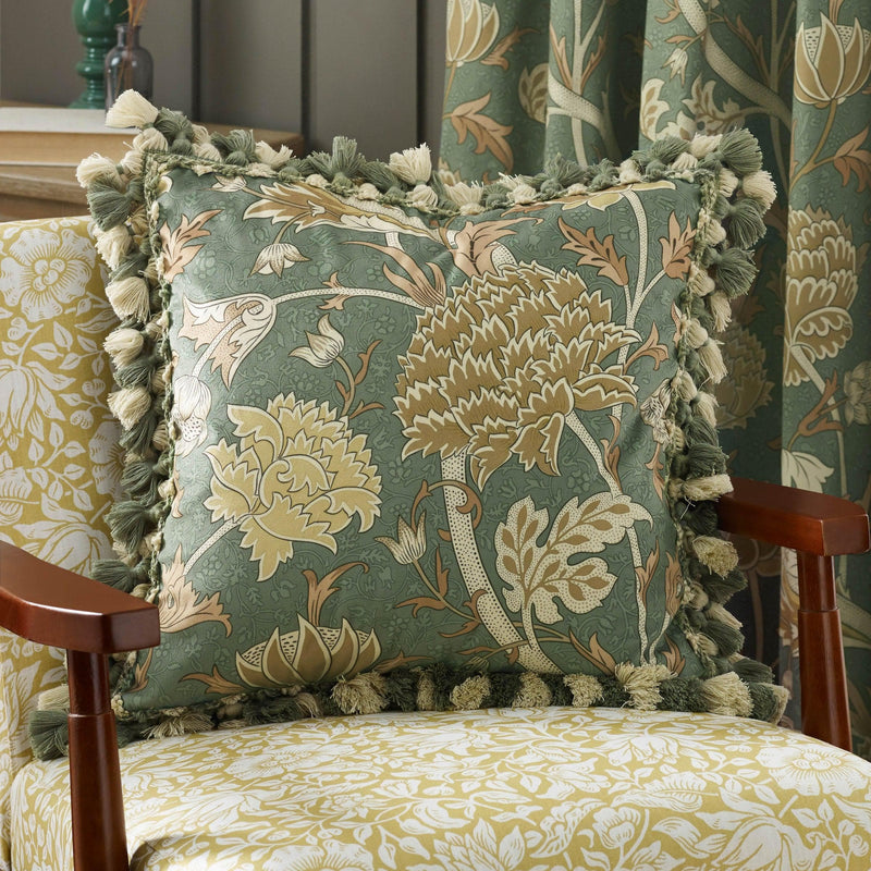 Morris & Co Cray Tasselled Velvet Cushion in Sage/Sunflower