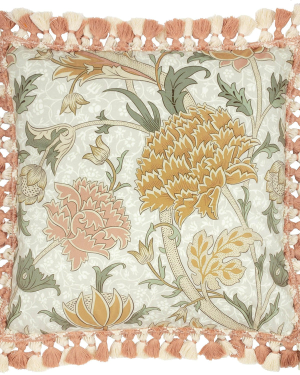 Morris & Co Cray Tasselled Velvet Cushion in Stone/Clay