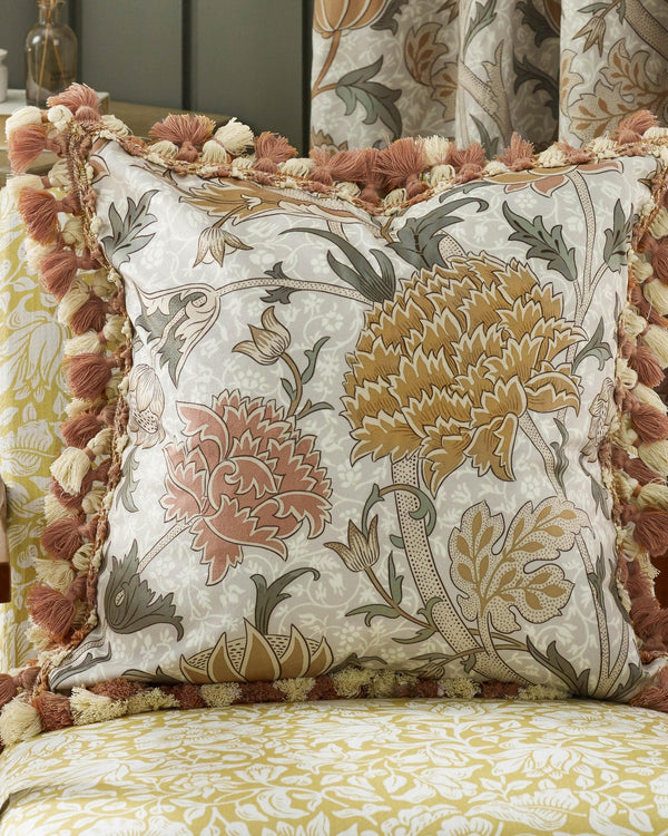 Morris & Co Cray Tasselled Velvet Cushion in Stone/Clay