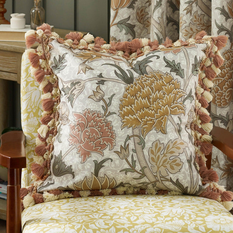 Morris & Co Cray Tasselled Velvet Cushion in Stone/Clay